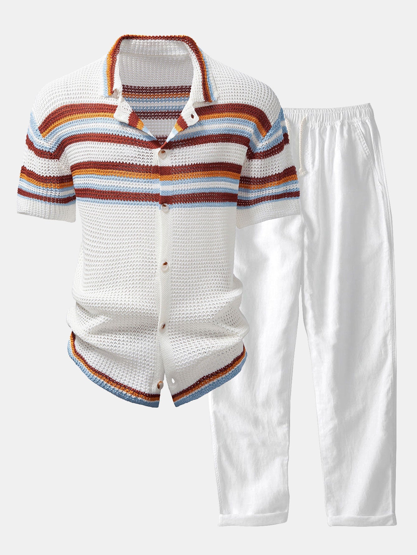 Men’s Open-Knit Button Shirt with Linen Blend Trousers – Breathable Summer Set