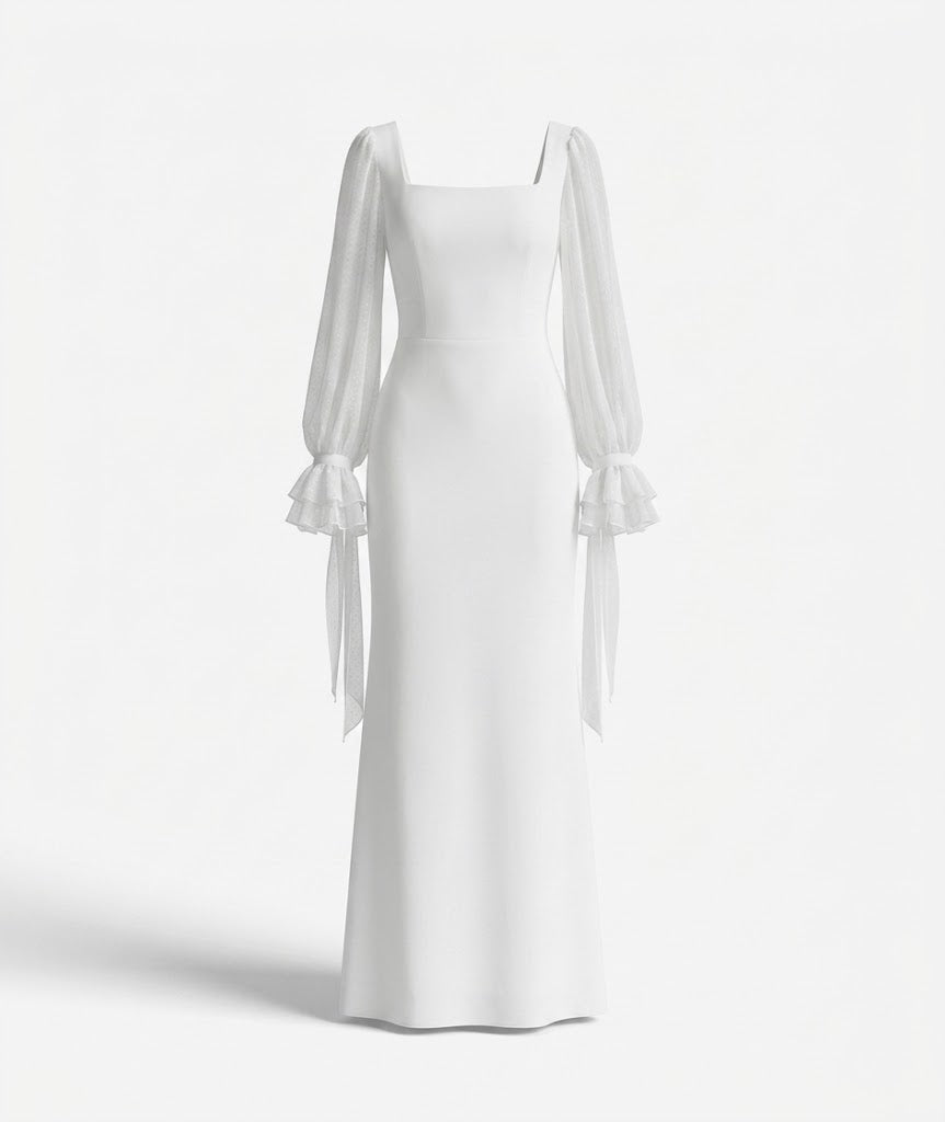Dame-maxikjole med lange ærmer og firkantet udskæring – elegant, formel stil til bryllupper og begivenheder