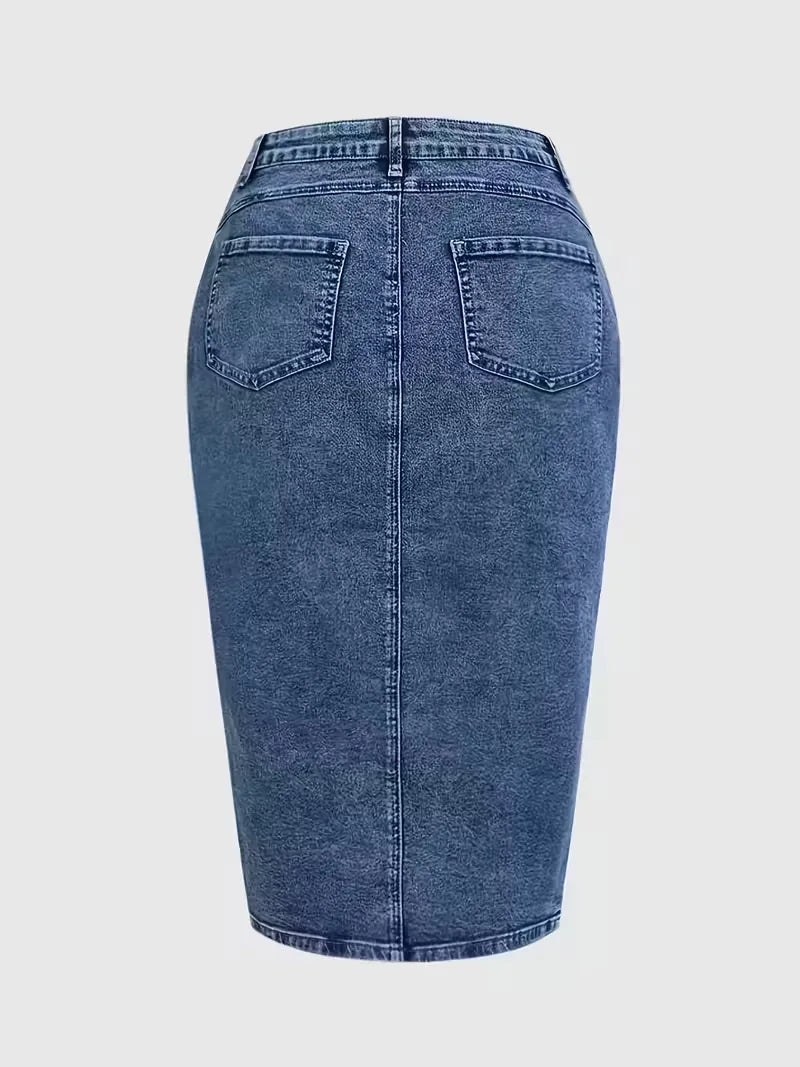 Fustă midi din denim pentru femei, cu nasturi în față și talie înaltă