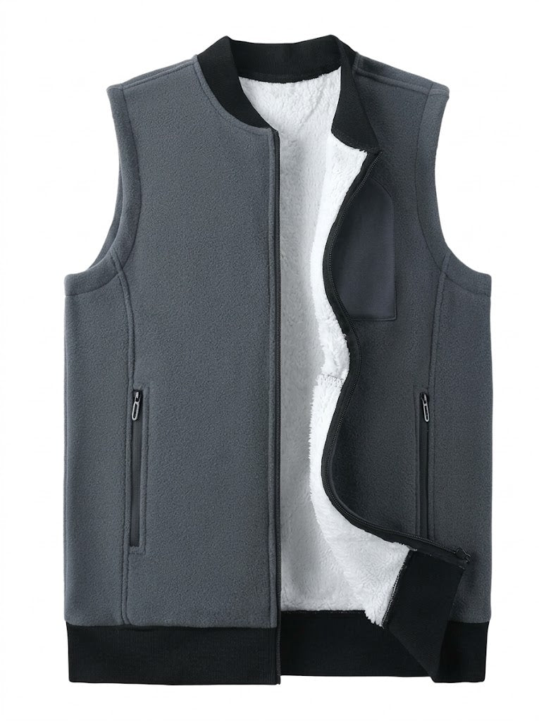 Men’s Fleece-Lined Zip-Up Vest – Stand-Collar Sleeveless Layer with Zipped Pockets