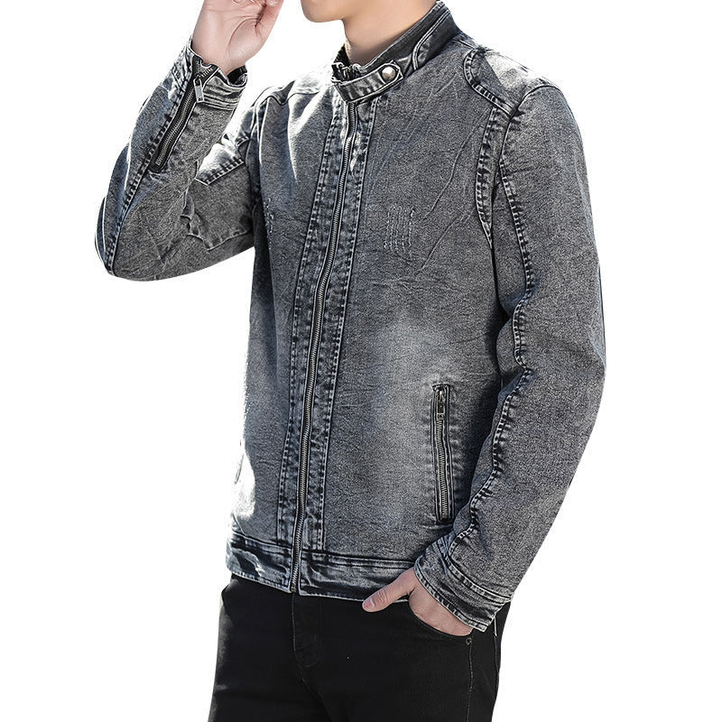 Men’s Stand-Collar Denim Jacket – Distressed Zip-Up Layer with Zipped Pockets