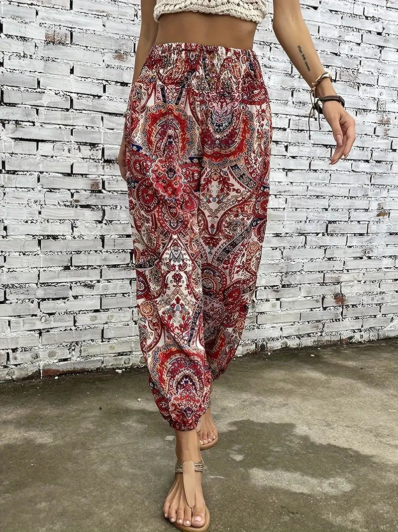 Pantalones anchos de pierna con estampado bohemio para mujer, cintura elástica, pantalones ligeros de verano