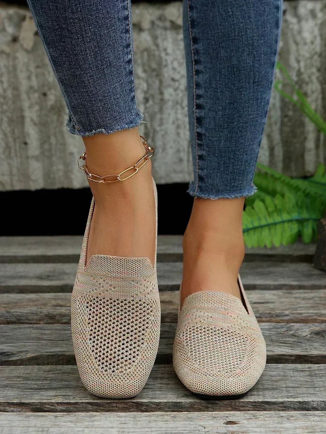 Gestrickte Loafer-Ballerinas für Damen mit eckiger Spitze – Schlupfschuhe mit Lochmuster für den gepflegten Freizeitlook
