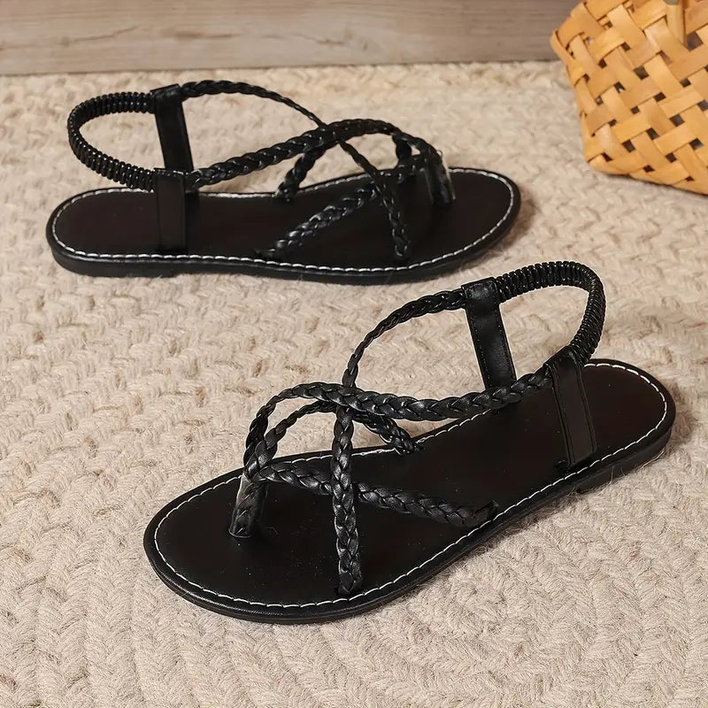 Sandales plates tressées pour femmes – chaussures à brides sécurisées pour les promenades de printemps et d’été