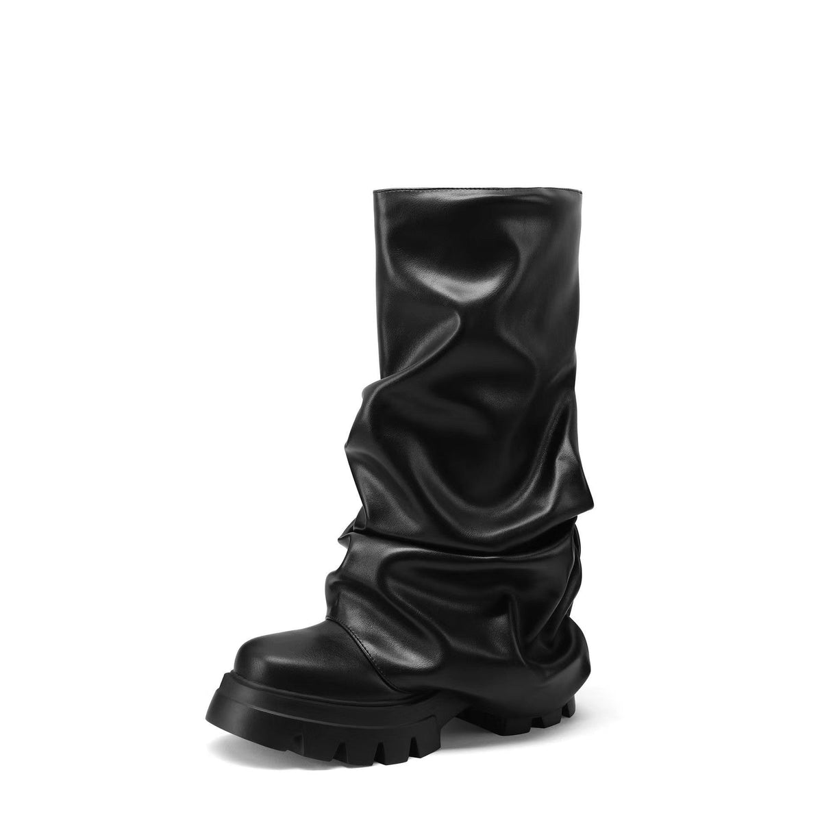 Women’s Metallic Slouch Mid-Calf Boots – Chunky Lug-Sole Statement Boots for City and Festival Wear