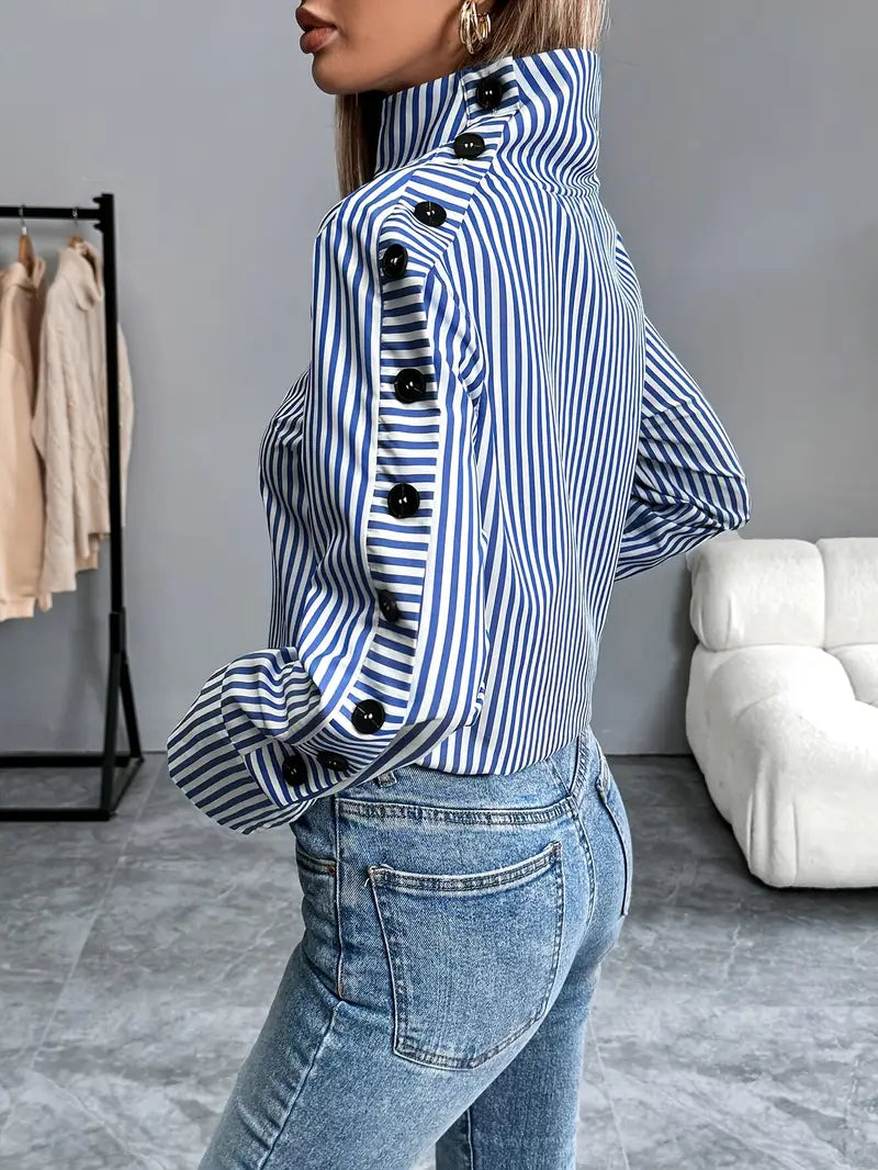 Women’s Striped Funnel-Neck Blouse – Button-Detail Long-Sleeve Style for Smart Casual Wear