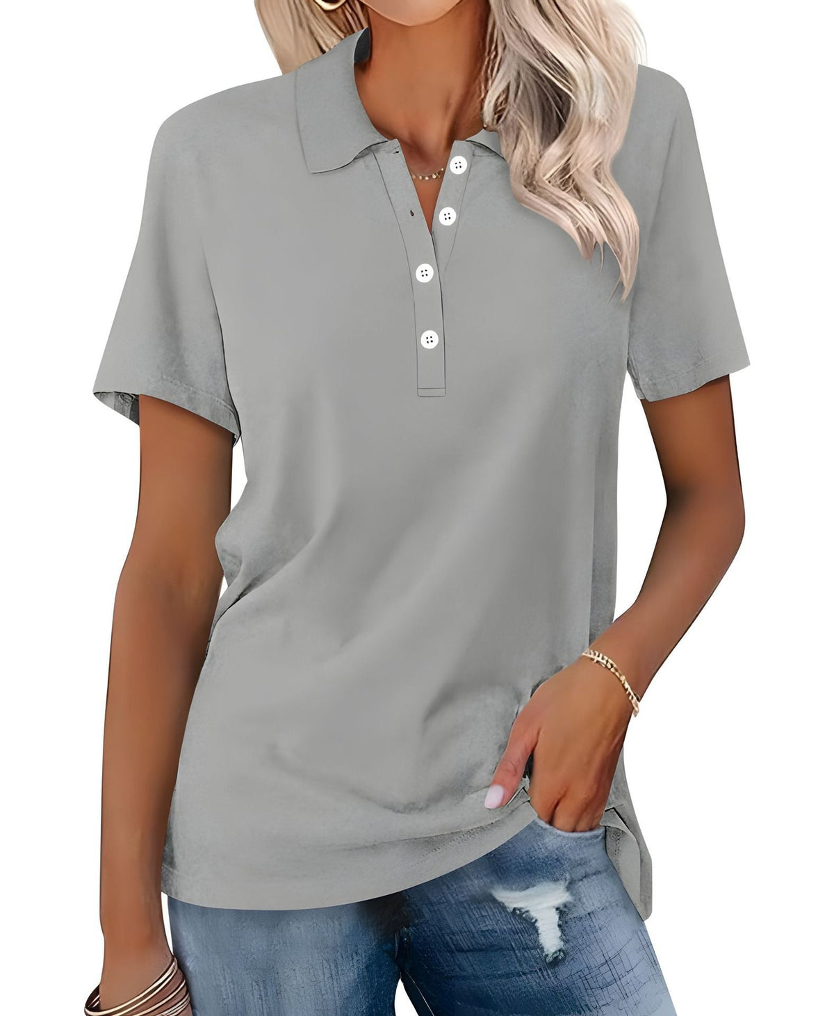 Klassisk poloshirt med korte ærmer til kvinder – afslappet top med krave og knaplukning i halsen til pænt, afslappet tøj og hverdagsbrug