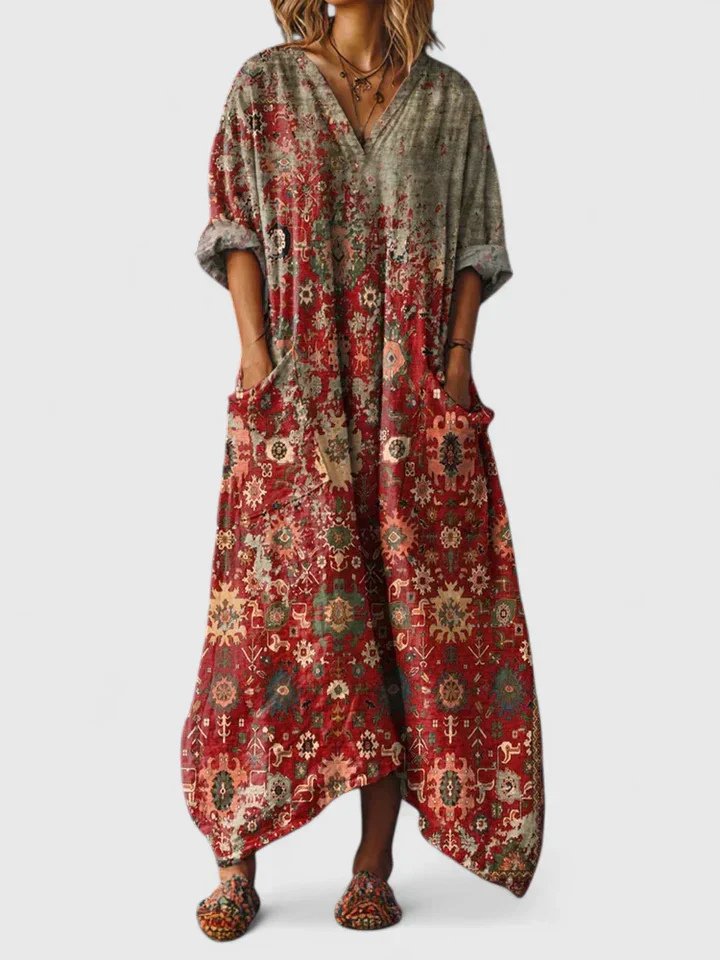 Kvinders trykte oversized maxikjole med afslappet pasform og lommedetalje
