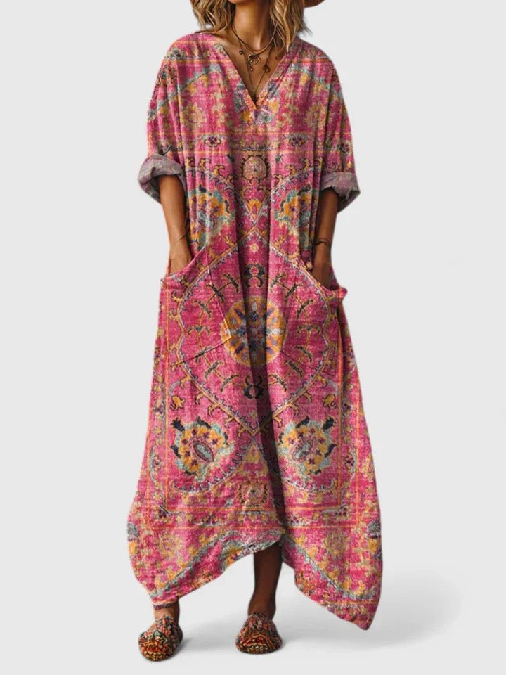 Kvinders trykte oversized maxikjole med afslappet pasform og lommedetalje