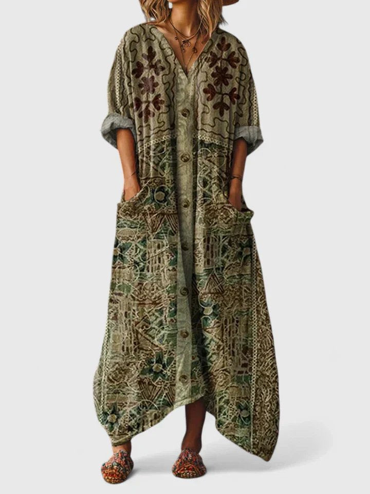 Kvinders trykte oversized maxikjole med afslappet pasform og lommedetalje