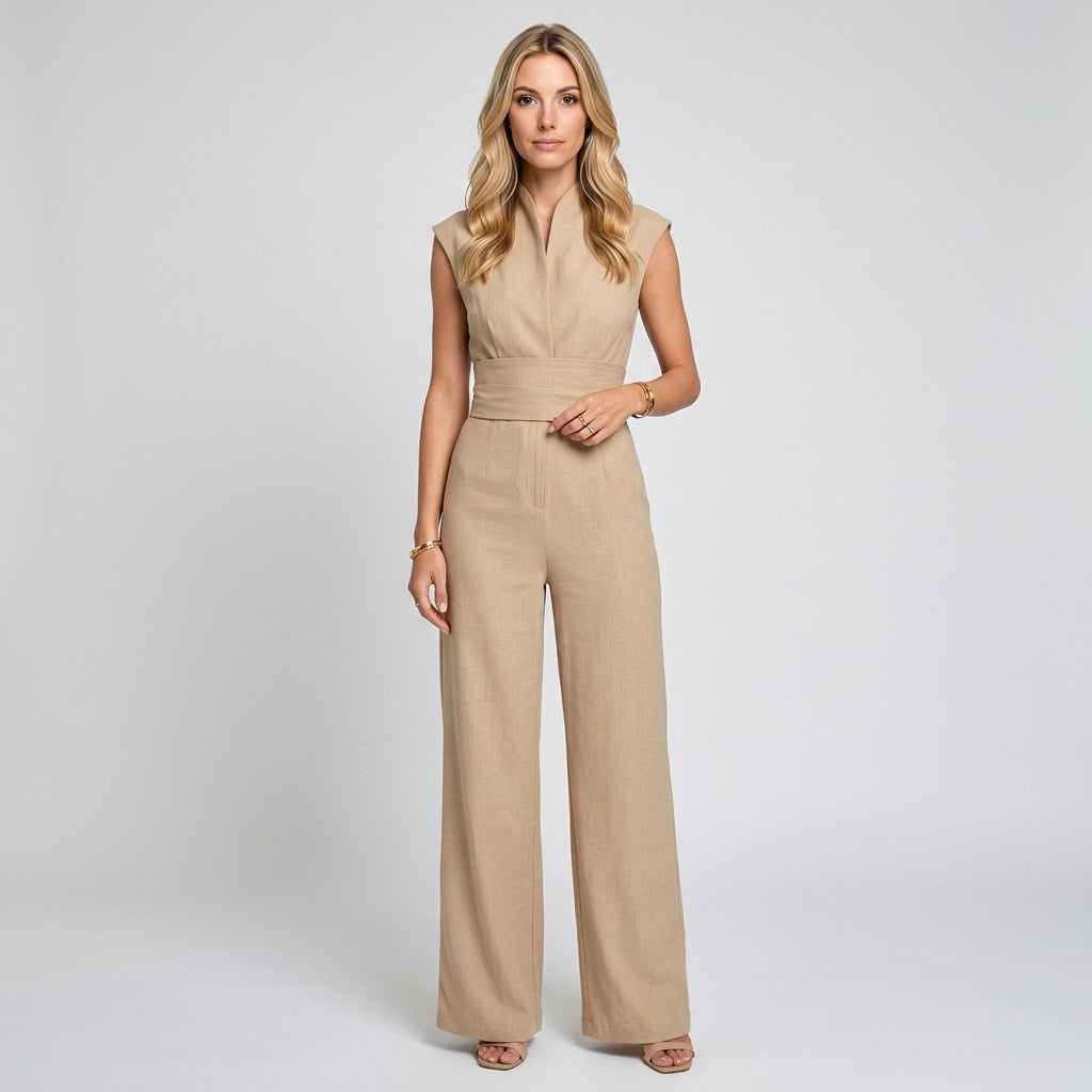 Damski wieczorowy kombinezon bez rękawów z szerokimi nogawkami i wiązaniem przy szyi