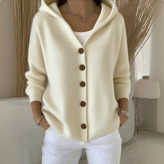 Women’s Hooded Knit Cardigan – Relaxed Button-Front Sweater with Pockets for Everyday Casual Layering