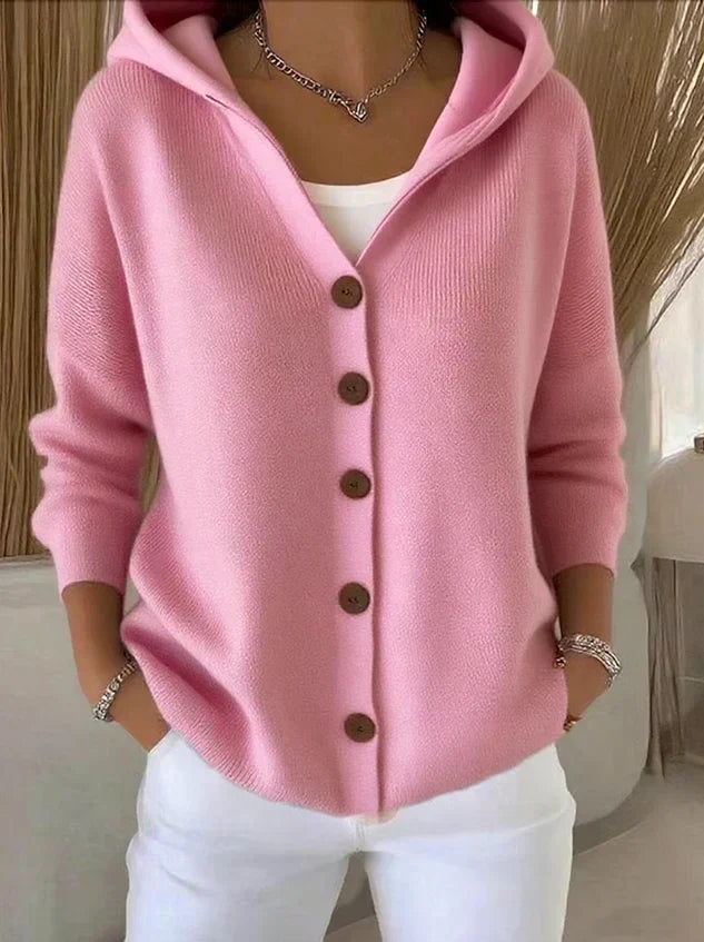 Women’s Hooded Knit Cardigan – Relaxed Button-Front Sweater with Pockets for Everyday Casual Layering