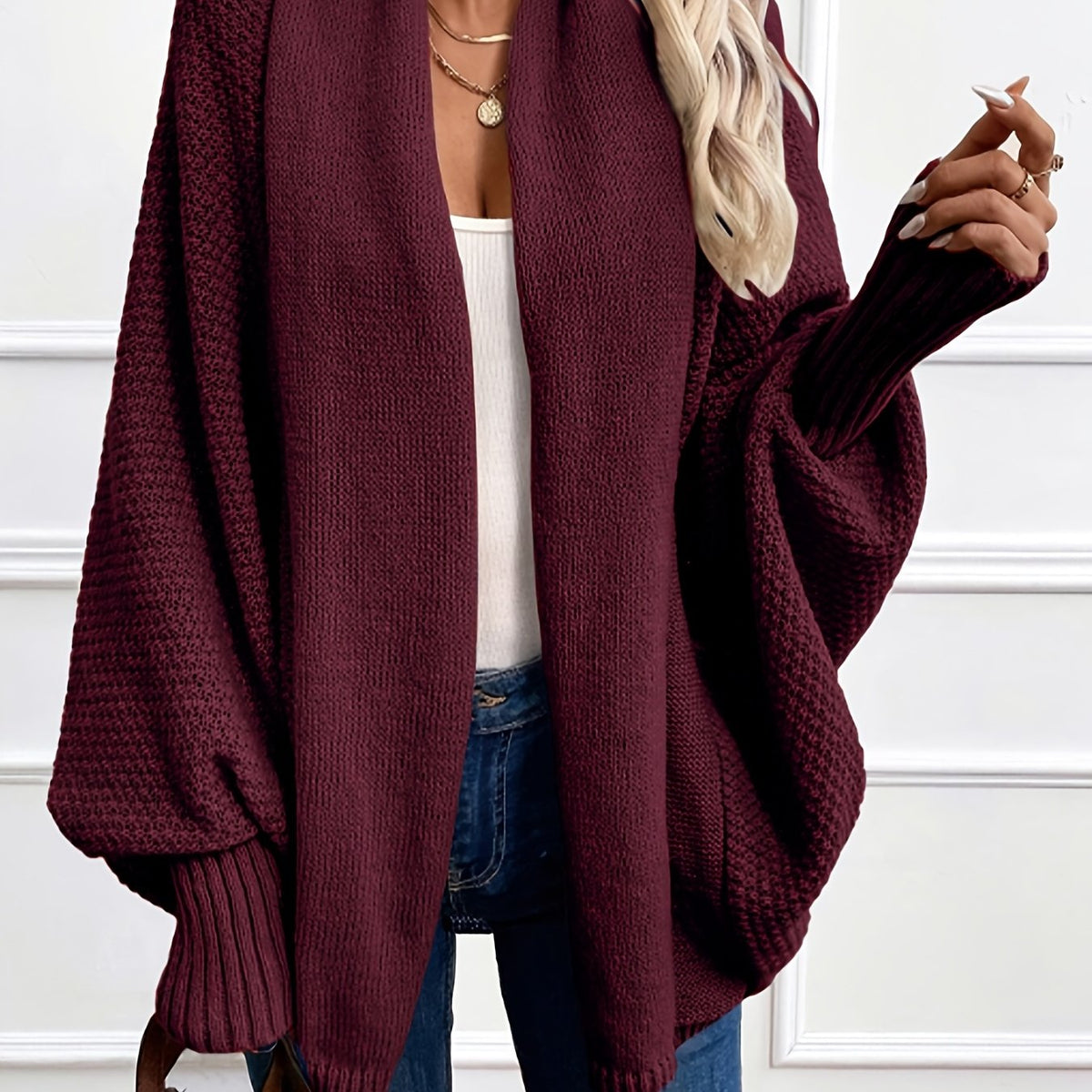 Cardigan lavorato a maglia da donna aperto sul davanti con maniche a pipistrello - Modello drappeggiato con collo a scialle per weekend autunnali e invernali, look cittadini, viaggi e stile quotidiano rilassato