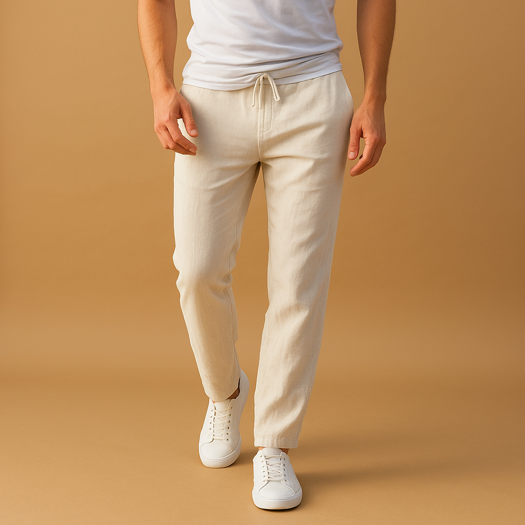 Herren-Baumwollhose mit Kordelzug – Lässig geschnittene, atmungsaktive Hose in voller Länge mit elastischem Bund für Reisen, Wochenenden und Freizeit im Alltag und Sommer