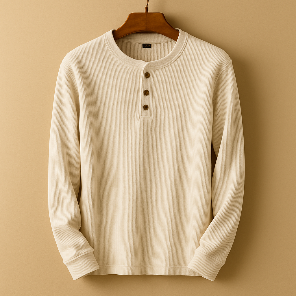 Pánský strukturovaný top Henley s dlouhými rukávy – ležérní vrchní díl s knoflíkovým výstřihem pro pohodové víkendové outfity a každodenní nošení