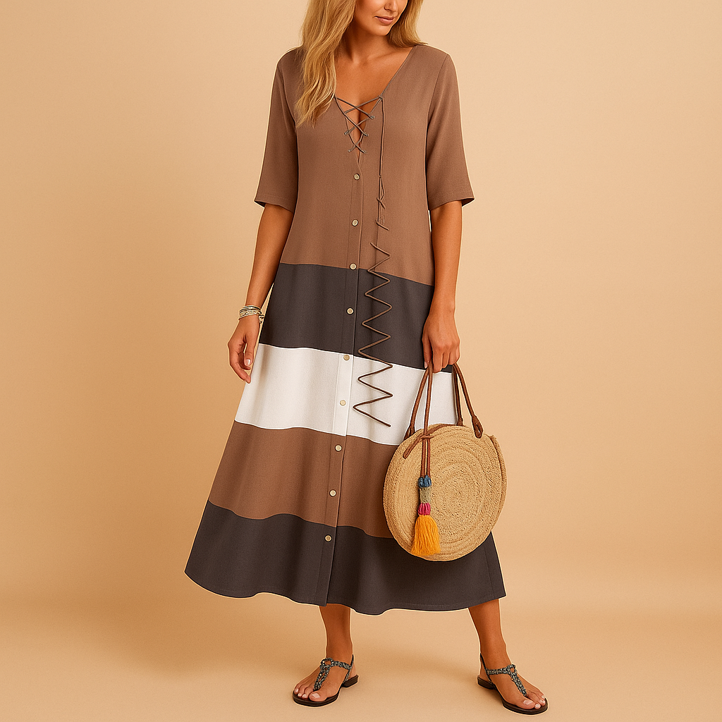 Robe midi femme à empiècements color-block - Style décontracté boutonné sur le devant avec bordure en zigzag pour une tenue casual quotidienne au printemps et en été