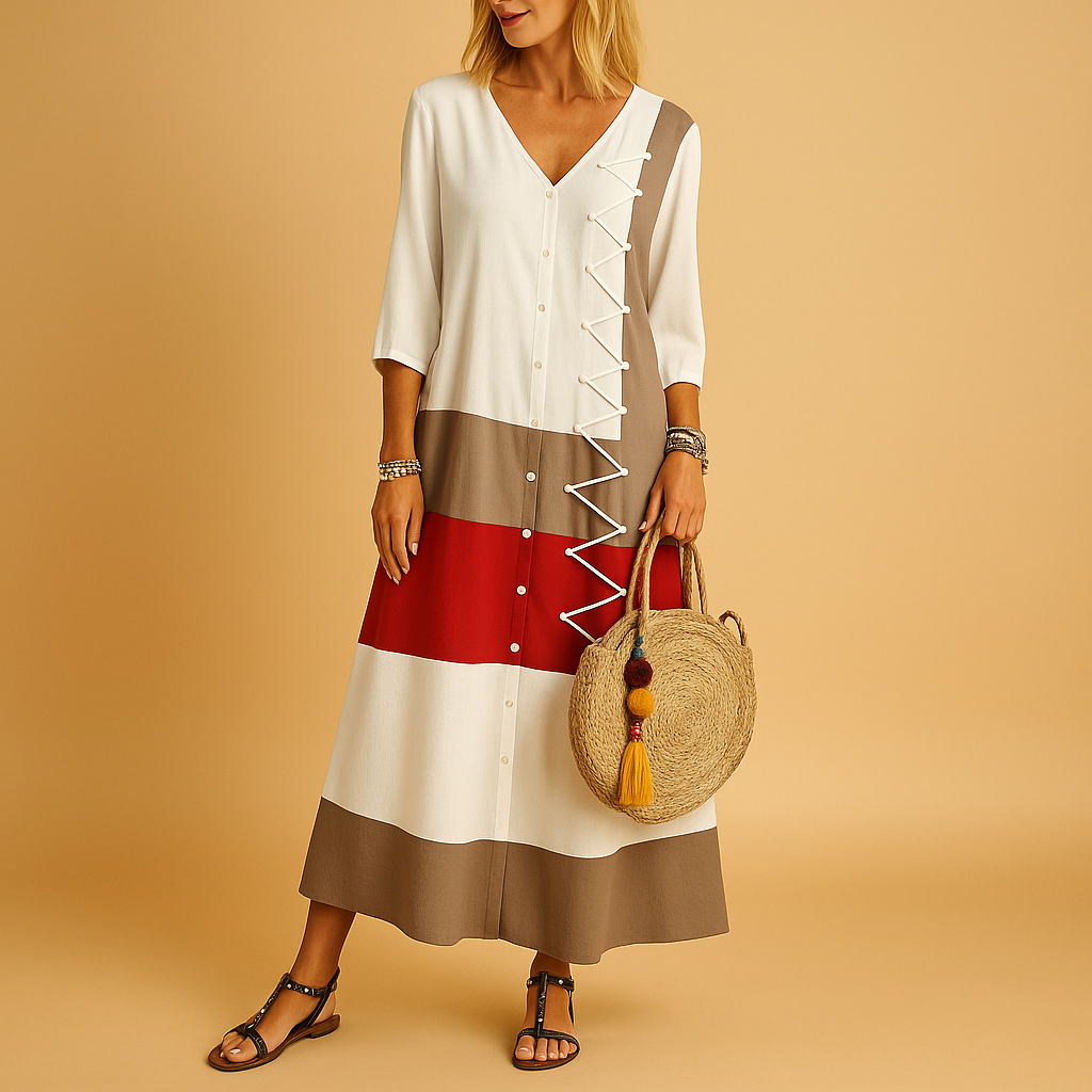 Robe midi femme à empiècements color-block - Style décontracté boutonné sur le devant avec bordure en zigzag pour une tenue casual quotidienne au printemps et en été