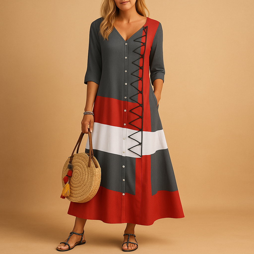 Robe midi femme à empiècements color-block - Style décontracté boutonné sur le devant avec bordure en zigzag pour une tenue casual quotidienne au printemps et en été