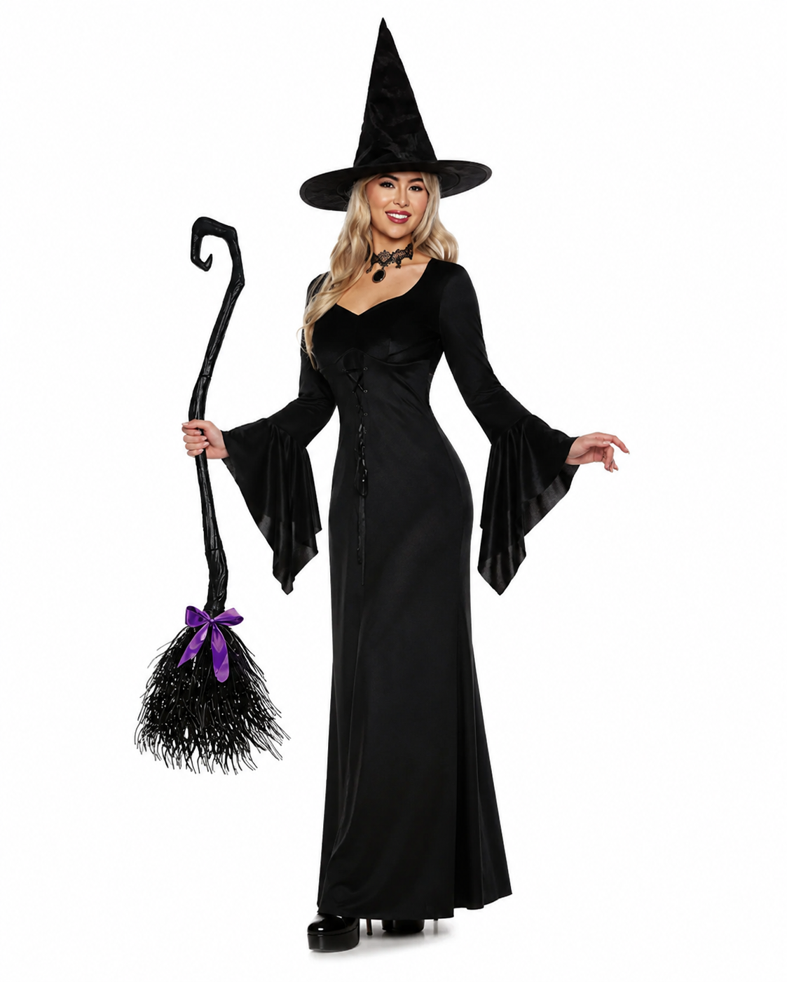 Dámský černý čarodějnický kostým s šněrováním a kloboukem na Halloween
