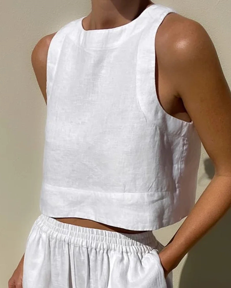 Damski zestaw z bawełny i lnu – bezrękawnik crop top i szerokie spodnie na lato