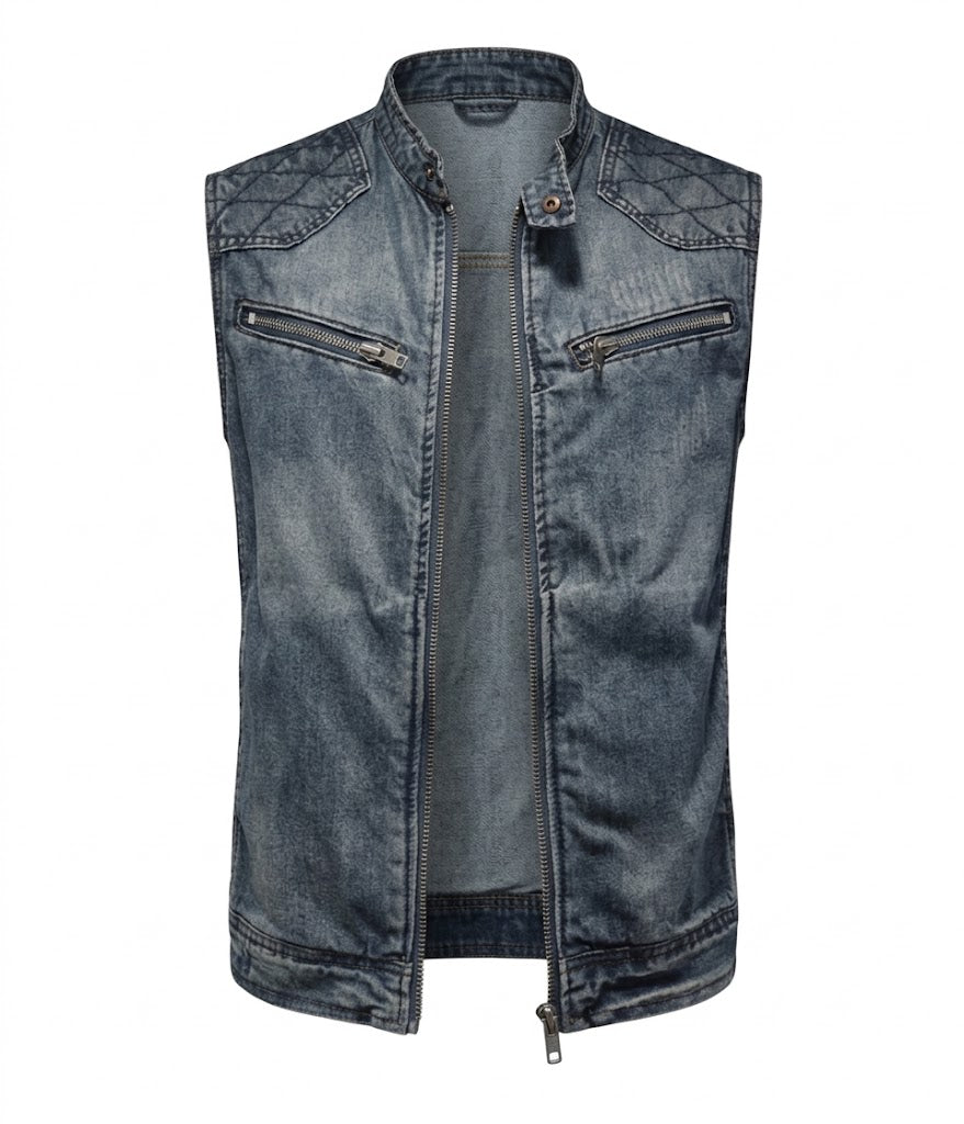 Gilet da motociclista da uomo in denim effetto vissuto – Strato senza maniche con chiusura frontale a cerniera, spalle trapuntate e tasche sul petto