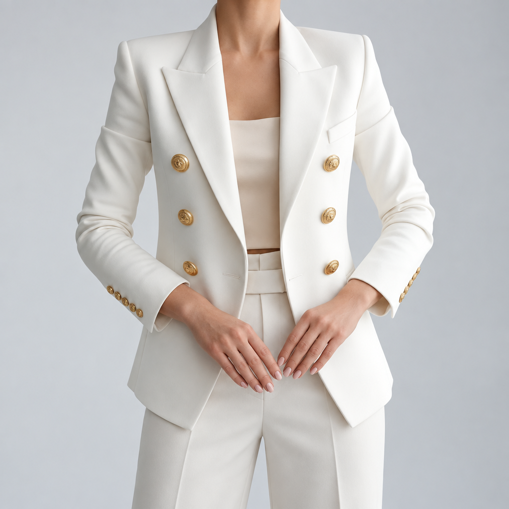 Women’s Double-Breasted Tailored Blazer – Fitted Peak-Lapel Jacket with Gold-Tone Buttons for Office Smart Casual and Evening Wear