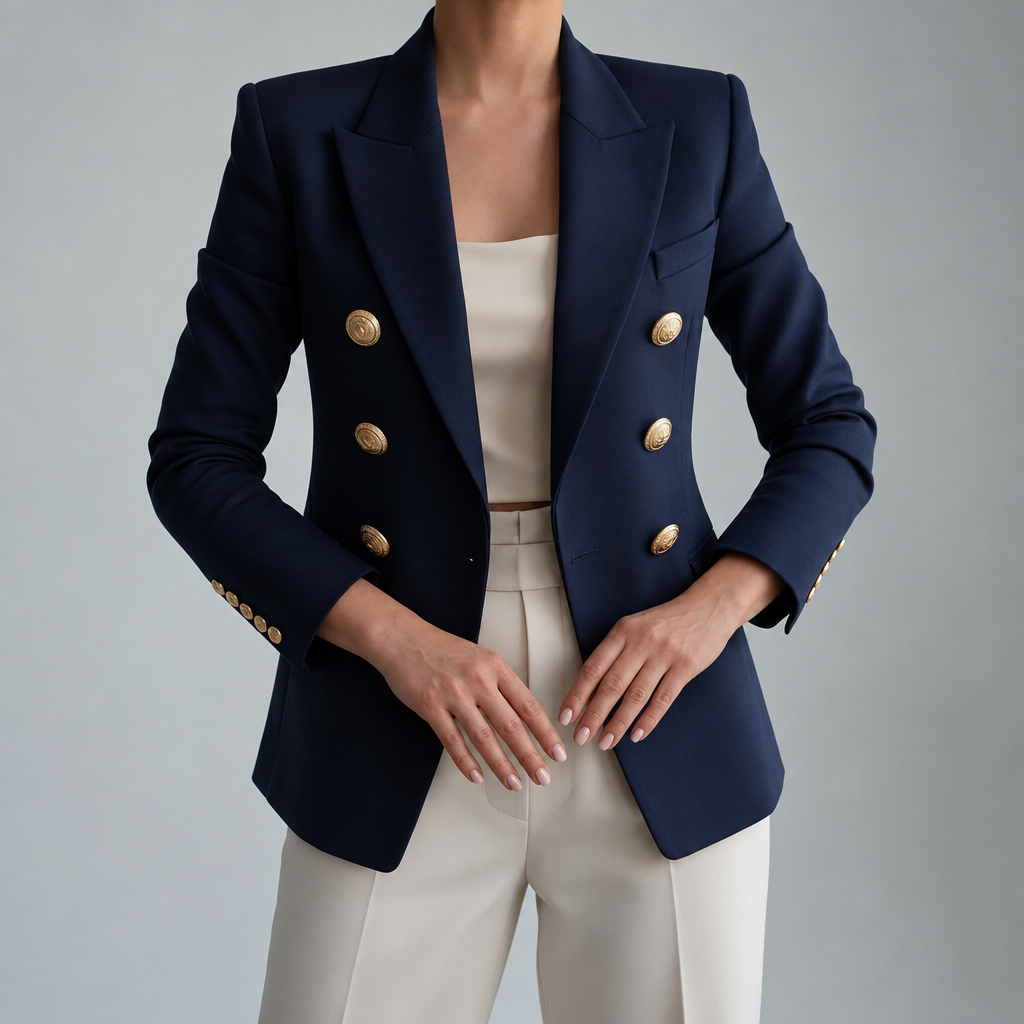 Women’s Double-Breasted Tailored Blazer – Fitted Peak-Lapel Jacket with Gold-Tone Buttons for Office Smart Casual and Evening Wear
