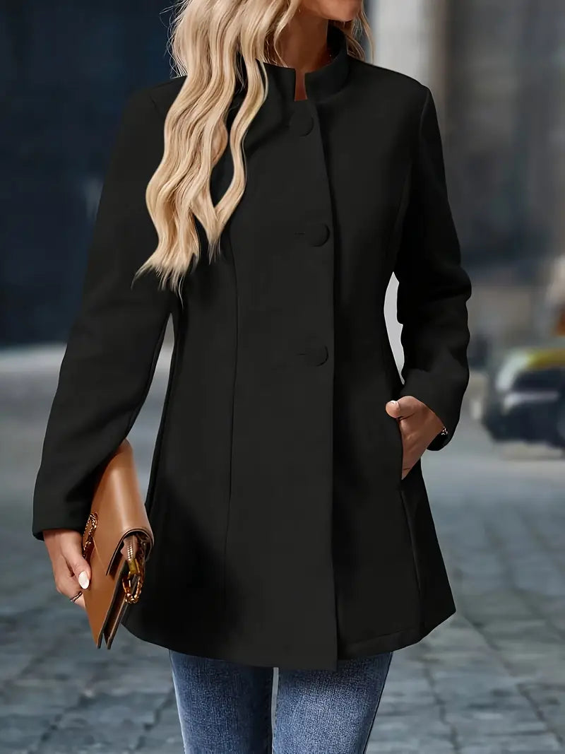 Skræddersyet blazer til damer med ståkrave - Lang model med knaplukning foran til kontoret, business-casual, middage, storbylook og hverdagsstyling i overgangsperioder