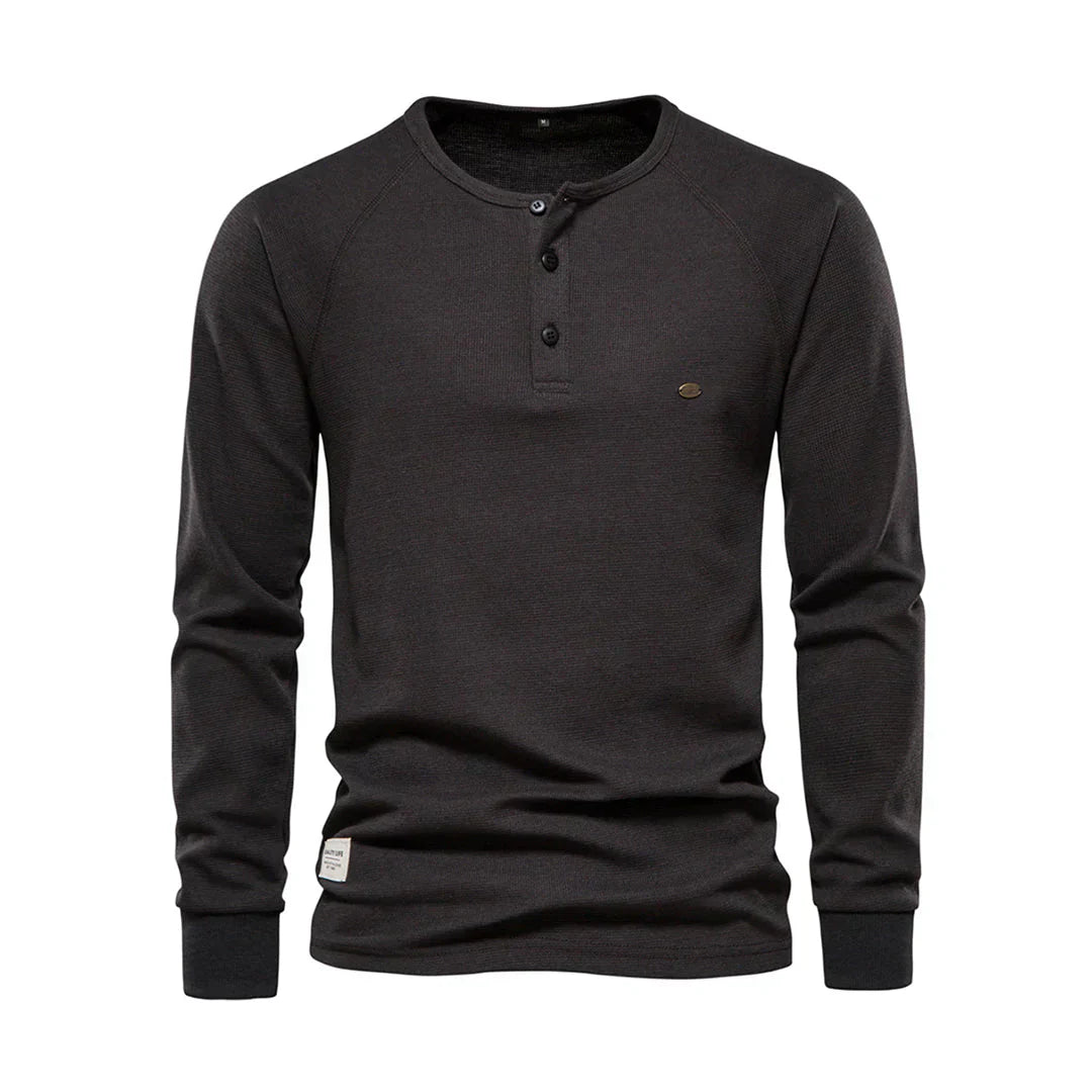 Camiseta Henley para hombre, manga larga, cuello con botones, casual