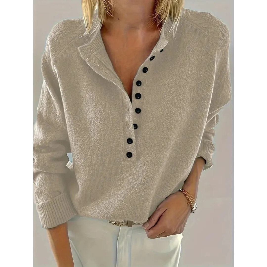 Pull en maille pour femme à col en V – style décontracté à encolure boutonnée pour tous les jours