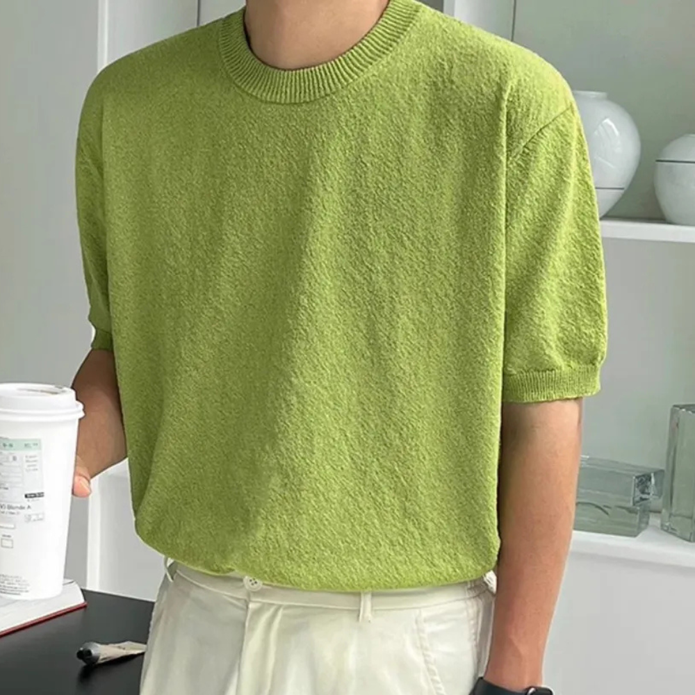 Tricou bărbați din tricot texturat, guler rotund clasic, top casual