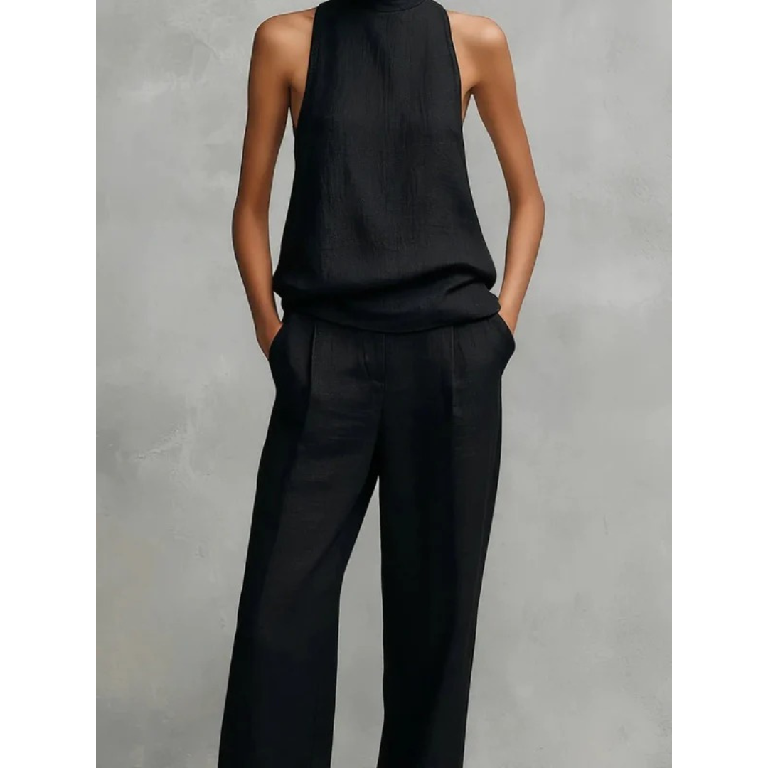 Women’s Sleeveless Two-Piece Trouser Set – High Neck Summer Outfit for Holidays and Smart Casual Wear