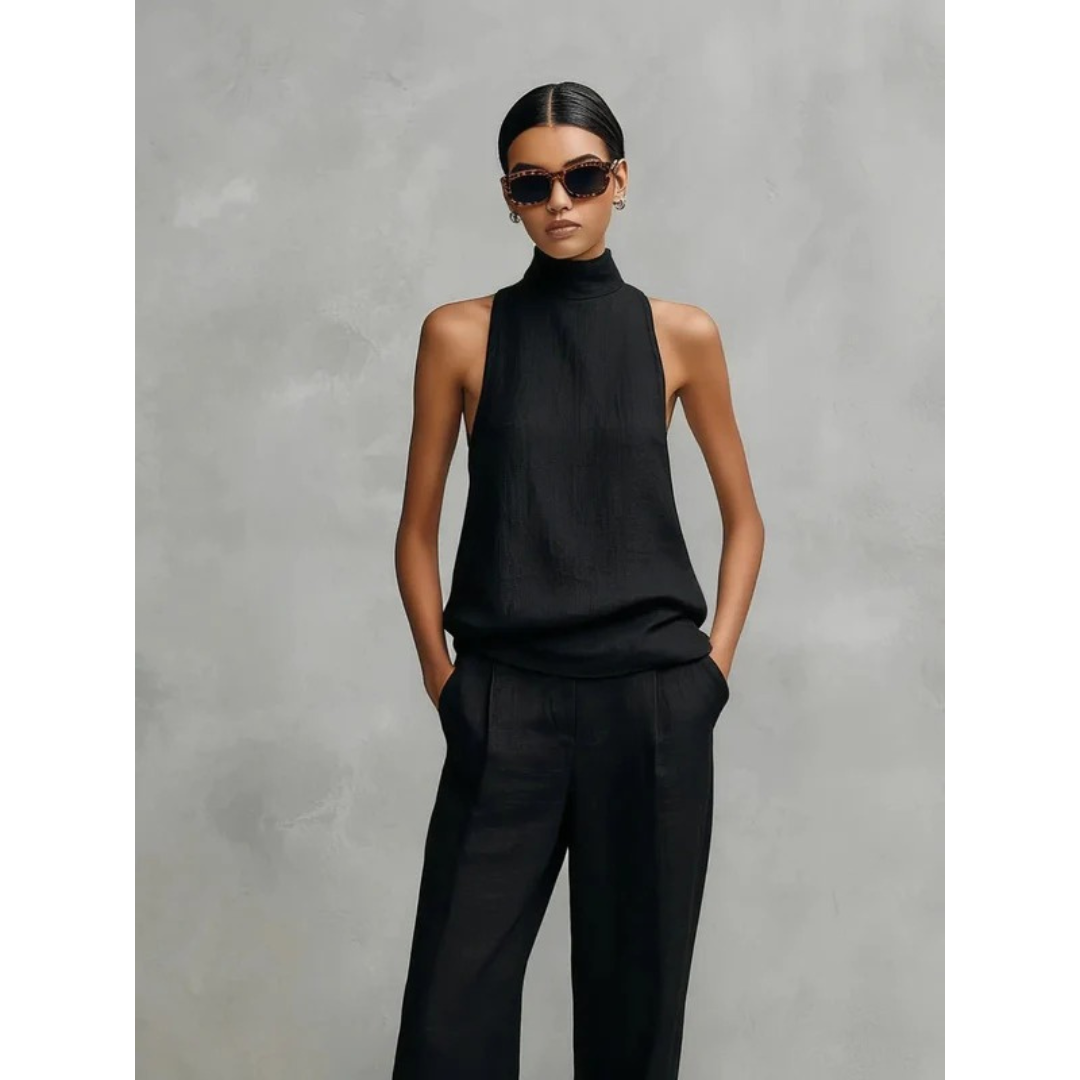 Women’s Sleeveless Two-Piece Trouser Set – High Neck Summer Outfit for Holidays and Smart Casual Wear