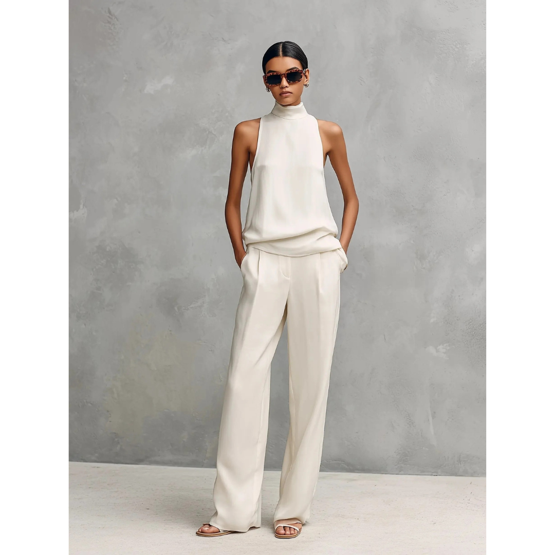 Women’s Sleeveless Two-Piece Trouser Set – High Neck Summer Outfit for Holidays and Smart Casual Wear