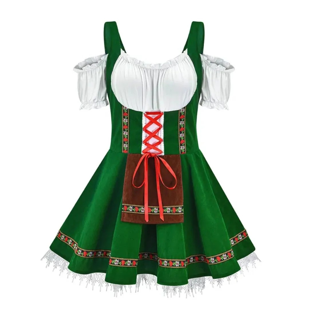 Vestido dirndl folclórico para mujer – estilo festivo con hombros descubiertos y delantal delantero decorativo