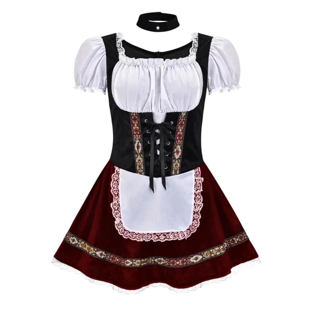 Vestido dirndl folclórico para mujer – estilo festivo con hombros descubiertos y delantal delantero decorativo