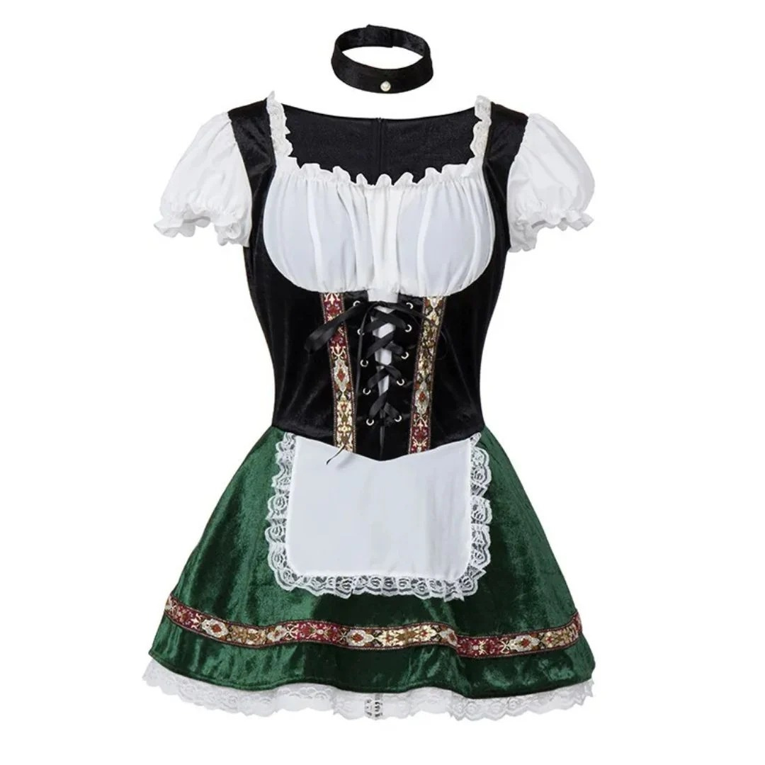 Vestido dirndl folclórico para mujer – estilo festivo con hombros descubiertos y delantal delantero decorativo