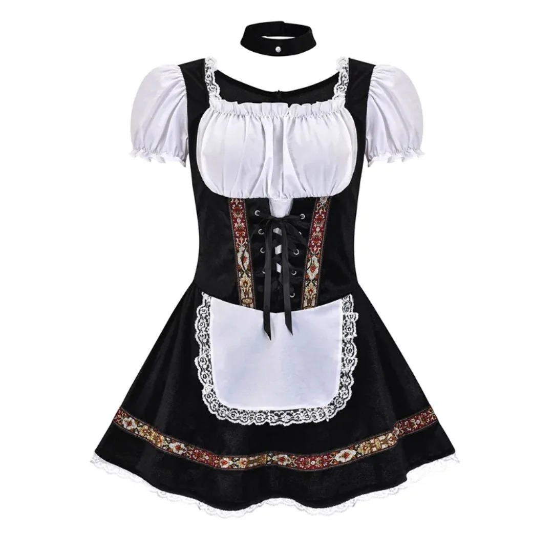 Vestido dirndl folclórico para mujer – estilo festivo con hombros descubiertos y delantal delantero decorativo