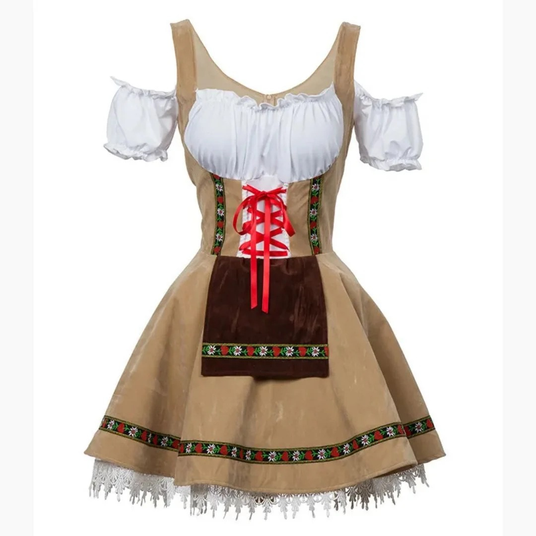 Vestido dirndl folclórico para mujer – estilo festivo con hombros descubiertos y delantal delantero decorativo