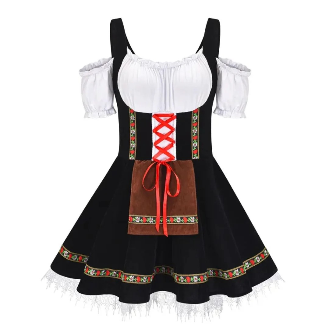 Vestido dirndl folclórico para mujer – estilo festivo con hombros descubiertos y delantal delantero decorativo