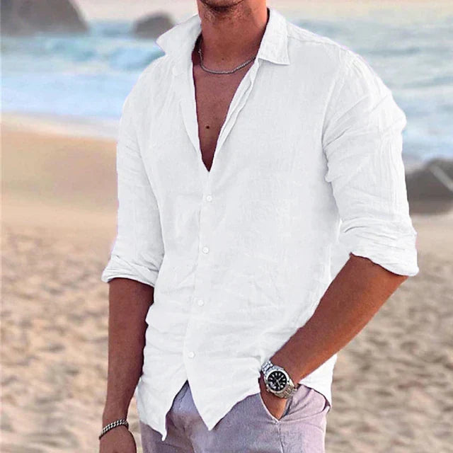 Camisa veraniega entallada de manga larga para hombre - Camisa ligera con botones para vacaciones y el uso diario informal