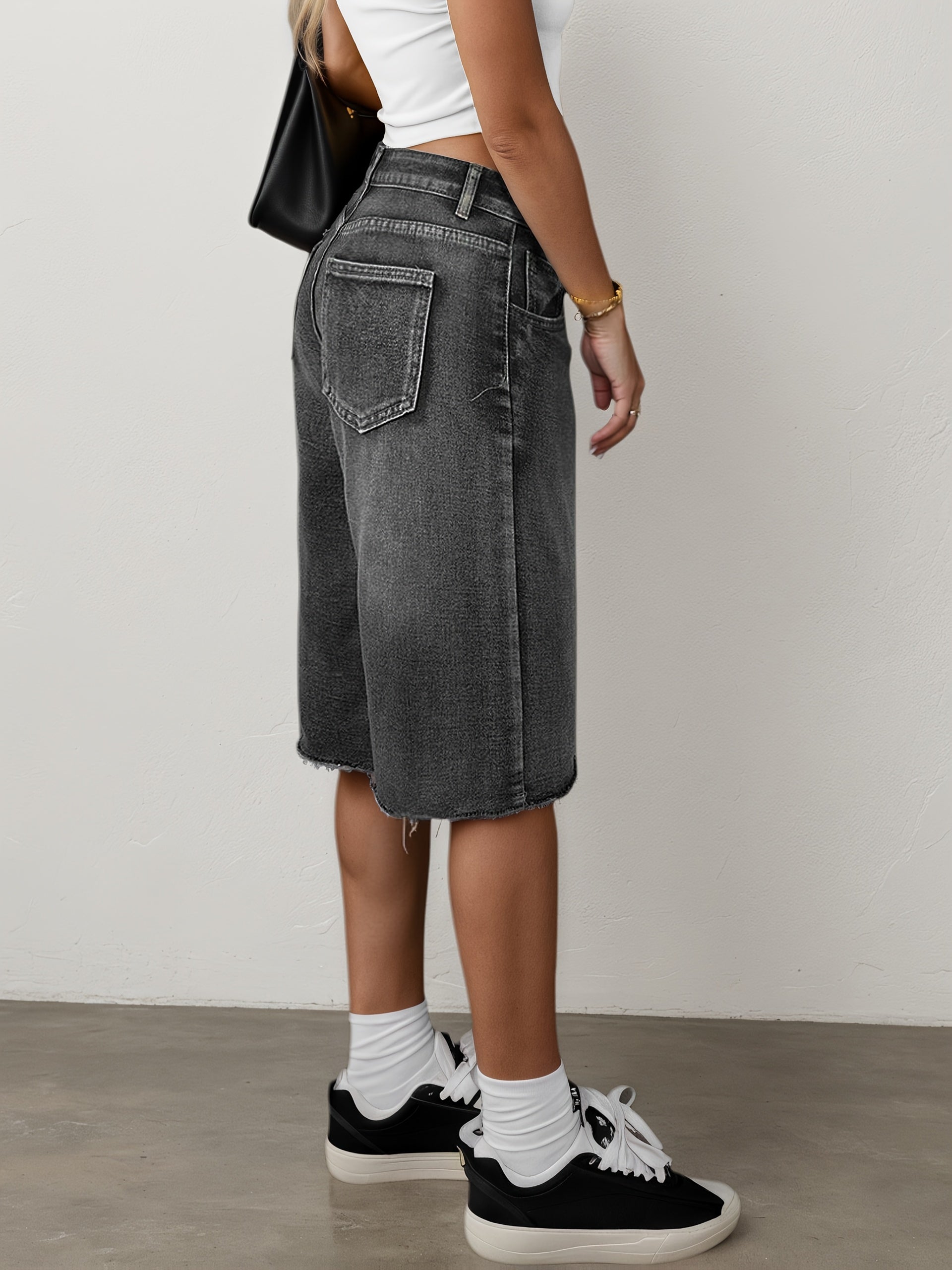 Dame Denim Jorts Løs Pasform Høj Talje Vide Ben Knælange Casual Shorts