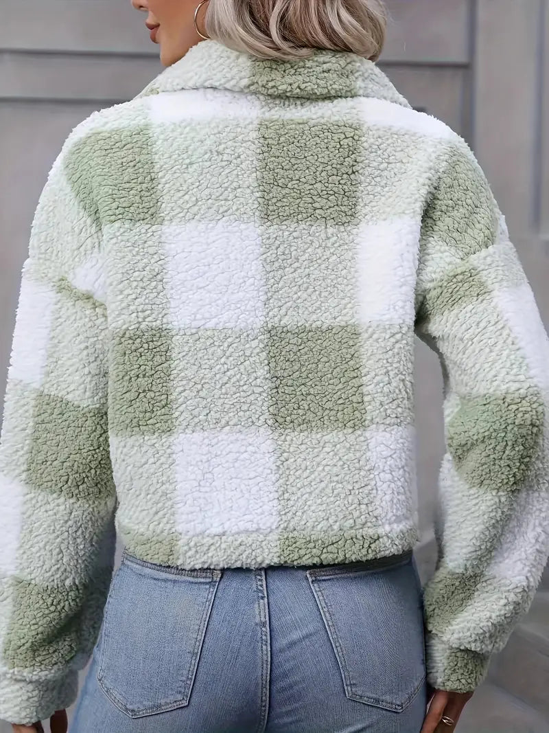 Women’s Checked Teddy Fleece Jacket – Soft Button-Front Winter Layer with Wide Collar for Cosy Everyday Styling