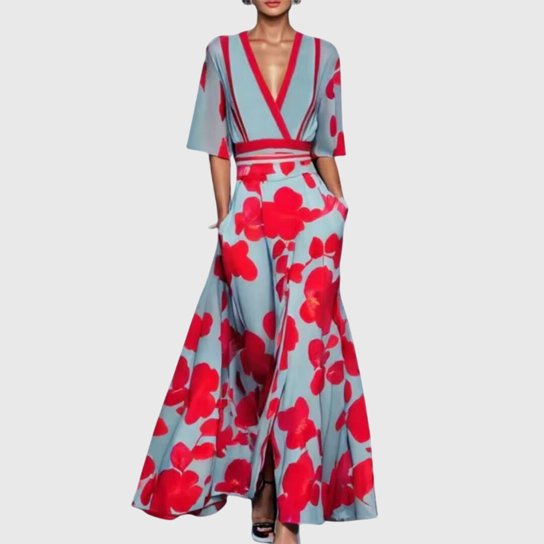 Abito lungo stampato da donna con scollo a V profondo stile da occasione