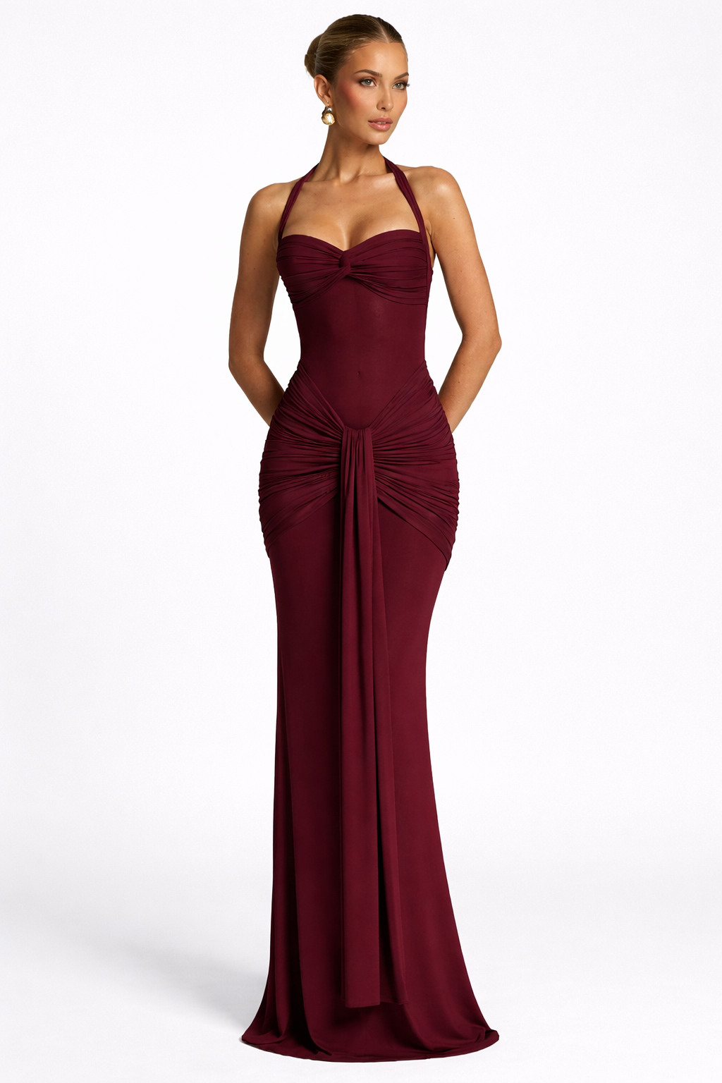 Women’s Halter Neck Maxi Dress Ruched Waist Mesh Detail