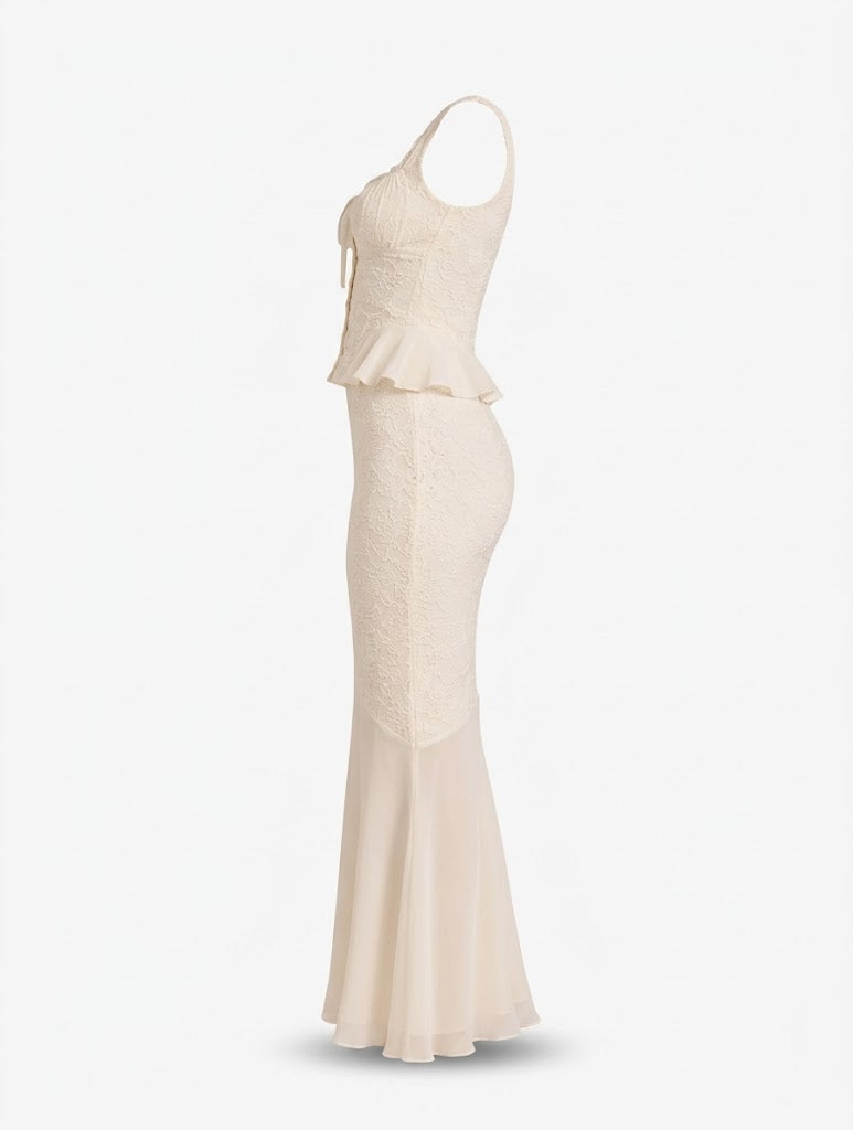 Women’s Lace Two-Piece Skirt Set – Fitted Peplum Top with Flared Maxi Skirt for Weddings and Summer Occasions
