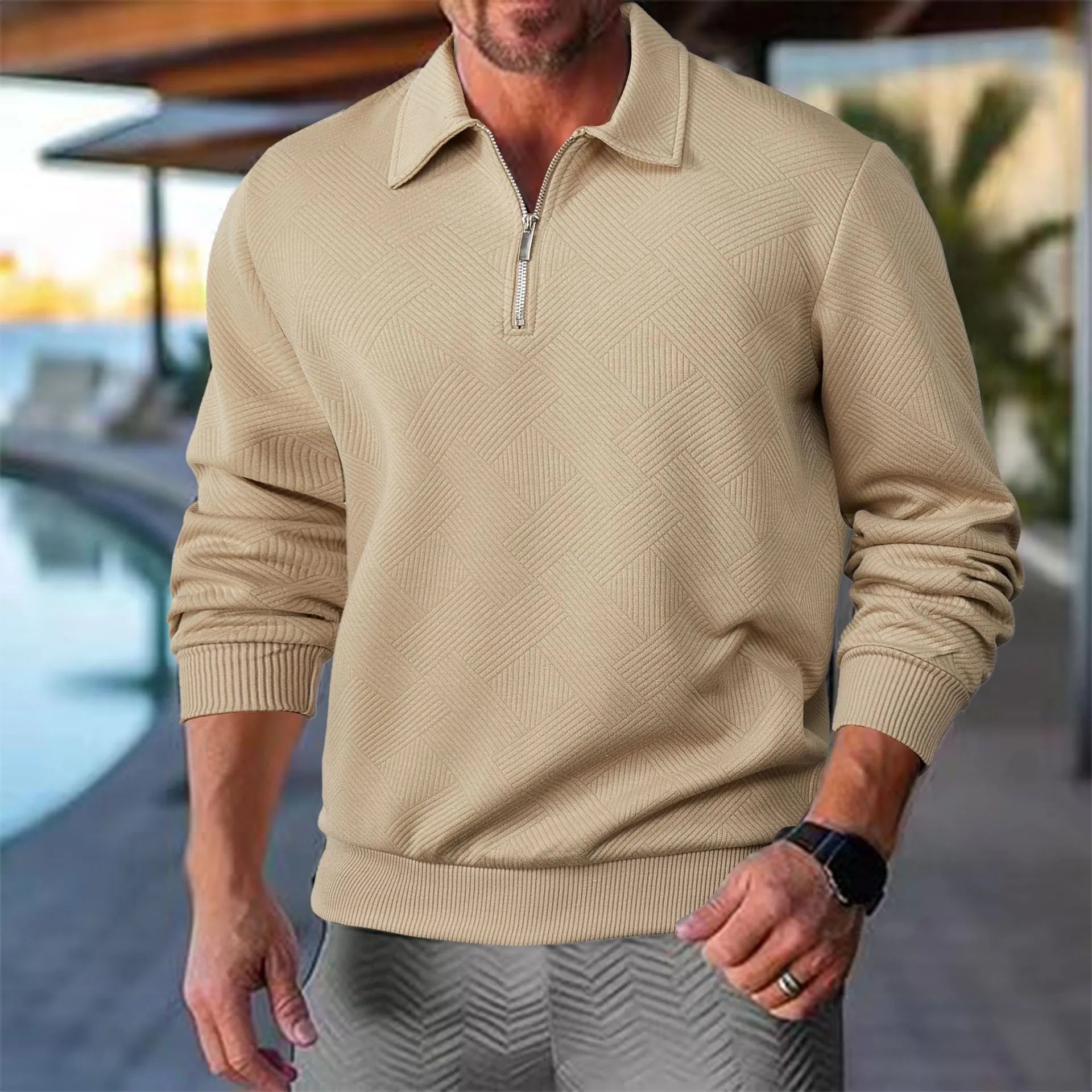 Men’s Textured Half-Zip Sweatshirt – Smart Casual Polo Style for Cooler Days
