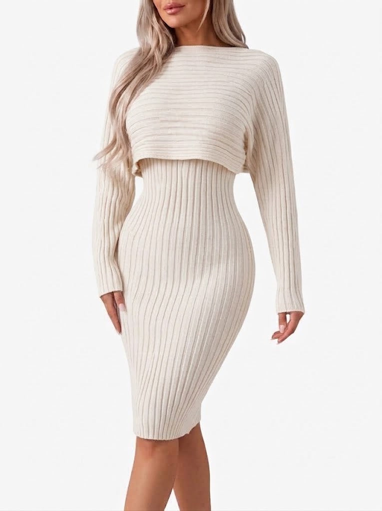 Dames ribgebreide midi-rok co-ordset - cropped, losvallende top met lange mouwen en aansluitende rok voor werk en in de stad