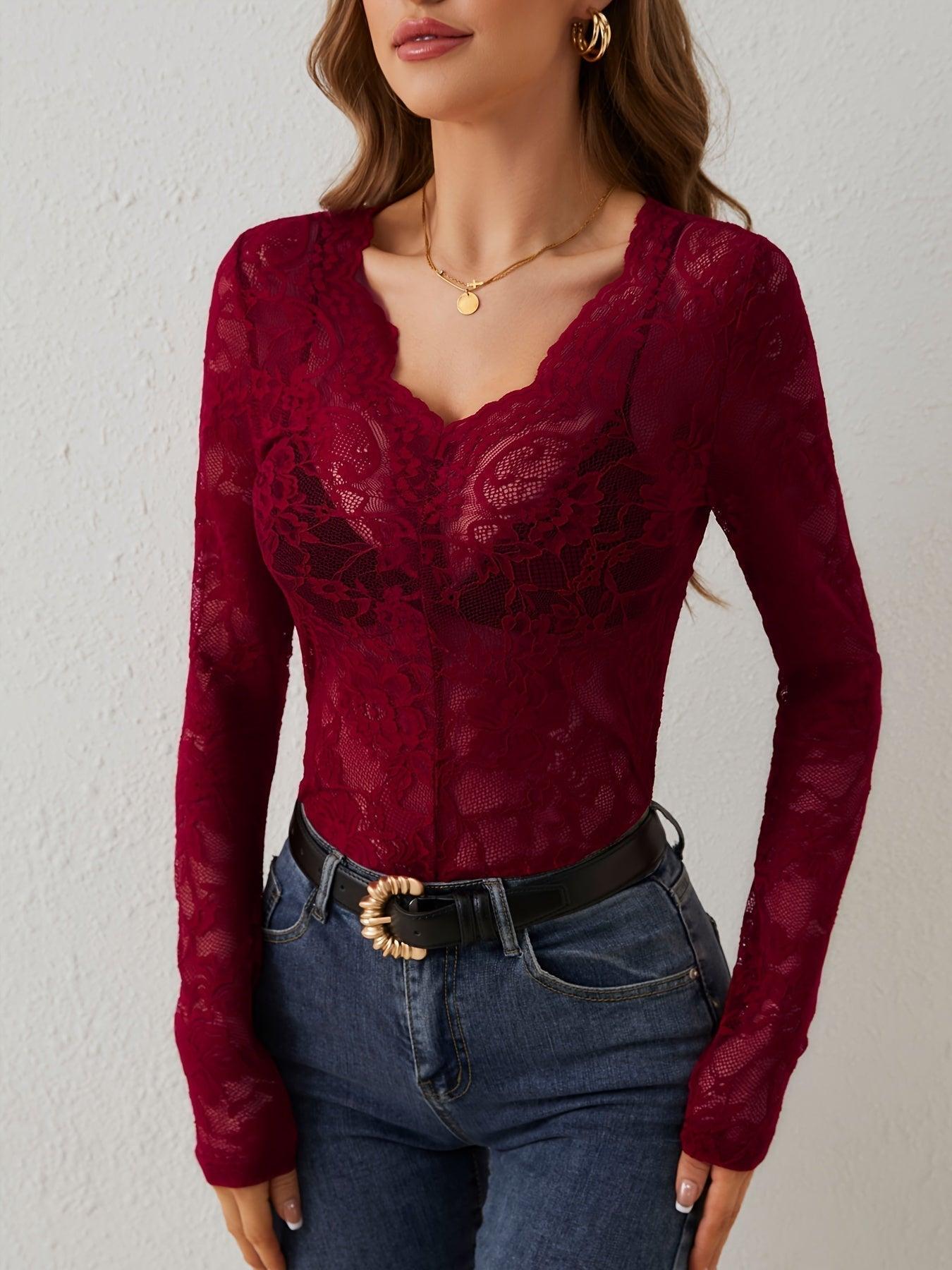 Women’s Fitted Lace V Neck Sheer Long Sleeve Top
